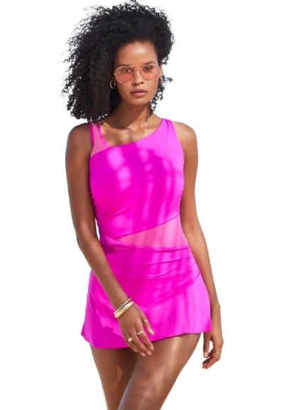 Swimsuits For All Mesh Panel Underwire Swimdress In Pink