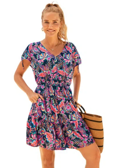 Swimsuits For All Pack & Go Wrinkle-resistant V-neck Short Sleeve Cover Up Dress In Multi