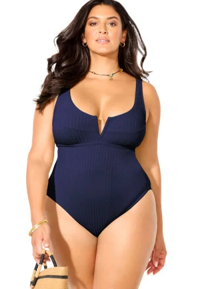 Swimsuits For All Ribbed V-wire One Piece Swimsuit In Blue
