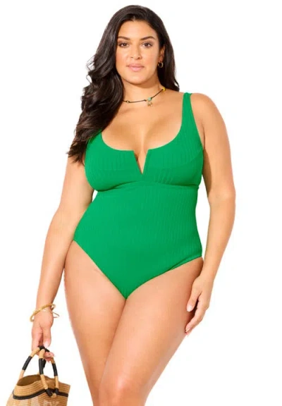 Swimsuits For All Ribbed V-wire One Piece Swimsuit In Green