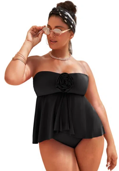 Swimsuits For All Rosette Bandeau Tankini Top In Black
