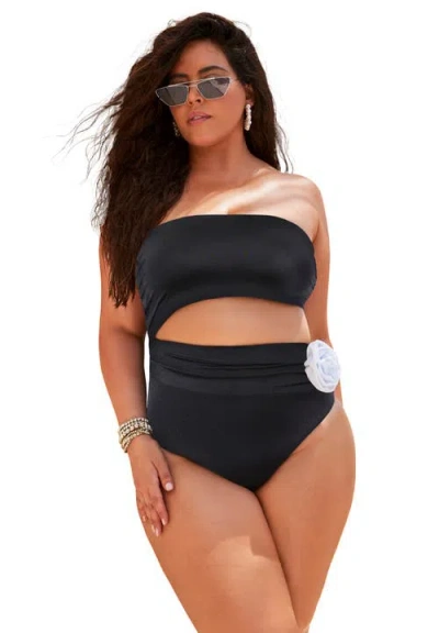 Swimsuits For All Rosette Shimmer Cut-out Bandeau One Piece Swimsuit In Black