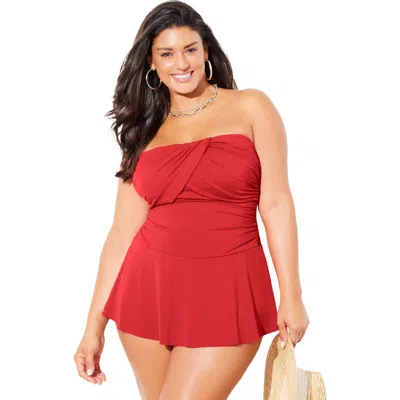 Swimsuits For All Ruched Skirted Bandeau Swimdress In Red