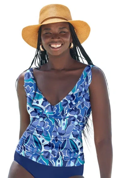 Swimsuits For All Ruffle V-neck Tankini Top In Blue