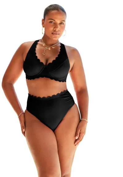 Swimsuits For All Scallop Trim Underwire Bikini Top In Black