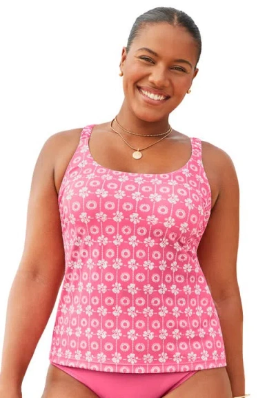 Swimsuits For All Scoop Neck Shirred Tankini Top In Pink