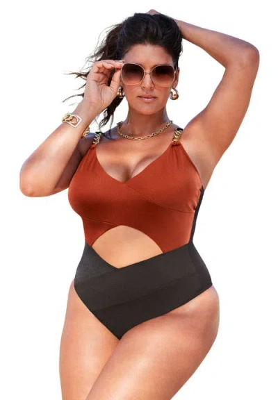 Swimsuits For All Shimmer Chain Accent Cut Out One Piece Swimsuit In Orange