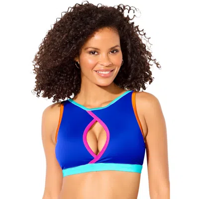 Swimsuits For All Shimmer Trim High-neck Keyhole Bikini Top In Blue