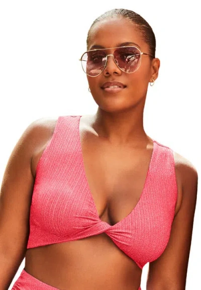 Swimsuits For All Sparkle Ribbed Twist Front Crop Top In Pink