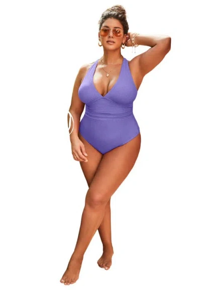 Swimsuits For All Sparkle Ribbed V-neck One Piece Swimsuit In Purple