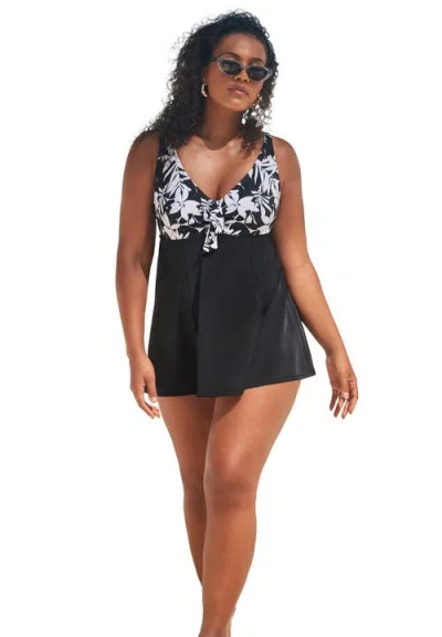 Swimsuits For All Tie Front V-neck Swimdress In Black