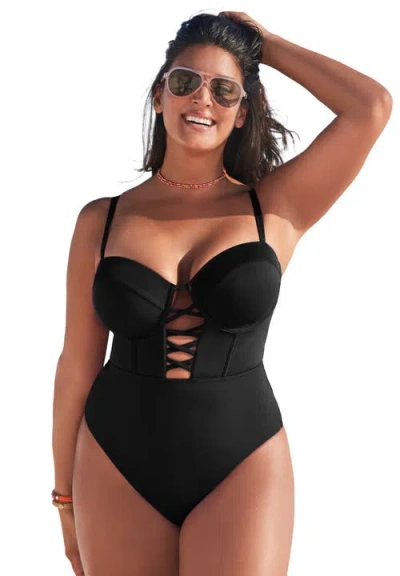Swimsuits For All Underwire Lace Up One Piece Swimsuit In Black