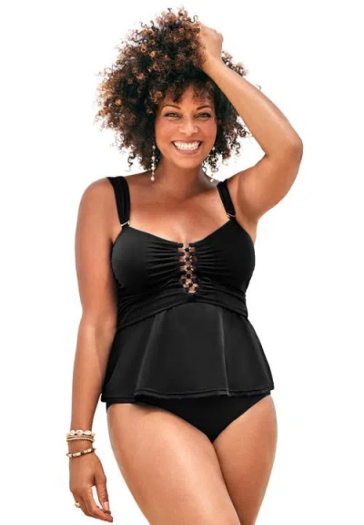 Swimsuits For All Underwire Shirred Ring Bandeau Tankini Top In Black
