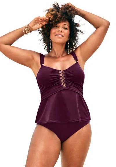 Swimsuits For All Underwire Shirred Ring Bandeau Tankini Top In Burgundy