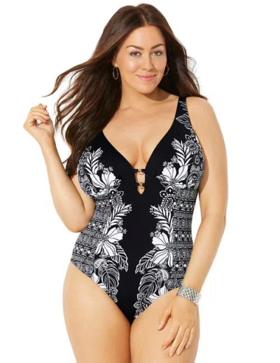 Swimsuits For All V-neck Ring One Piece Swimsuit In Black