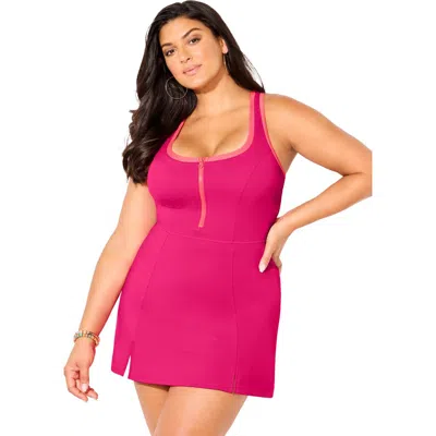Swimsuits For All Zip-front Contrast Trim Swimdress In Pink