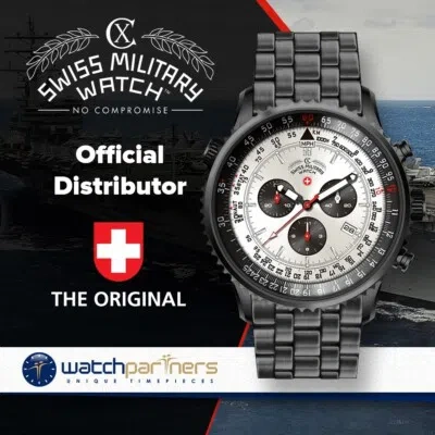 Pre-owned Swiss Military Cx  Thunderbolt Nero Chrono Watch 44mm Pvd Case Silv Dial 2955