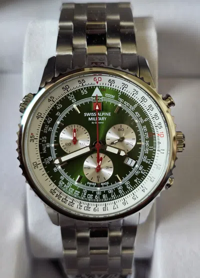 Pre-owned Swiss Military Swiss Alpine Military Green Dial Chronograph Date Display Men's Watch 7078.9134
