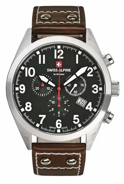 Pre-owned Swiss Military Swiss Alpine Military Leader Chrono Black Dial Leather Men's Watch 1293.9537 Sam