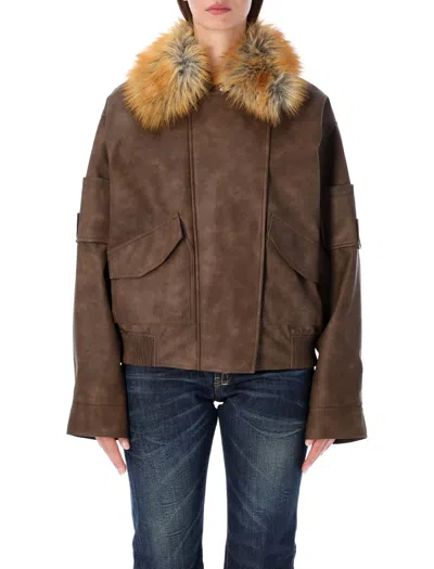 Sword 6.6.44 Bomber Leather Eco Fur Boxy Leather Bomber Jacket In Black