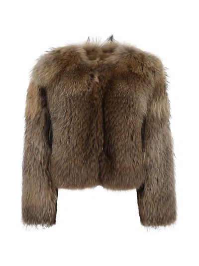 Sword 6.6.44 Collarless Faux-fur Jacket In Brown