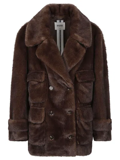 Sword 6.6.44 Cropped Double-breasted Plush Faux Fur Jacket In Brown