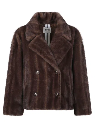 Sword 6.6.44 Cropped Metallic Button Plush Faux Fur Peacoat In Brown