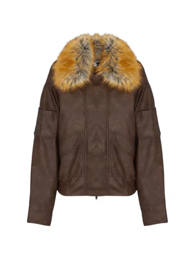 Sword 6.6.44 Faux-fur Collar Faux-leather Jacket In Brown