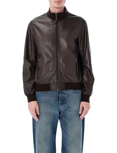 Sword 6.6.44 Leather Ribbed Collar Zipper Bomber Jacket In Brown