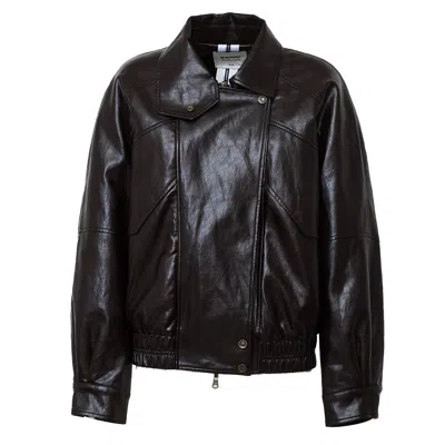 Sword 6.6.44 Snap-button Collar Eco-leather Bomber Jacket In Brown