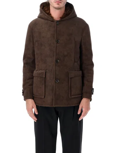 Sword 6.6.44 Sword Eco-shearling Hooded Coat In Brown