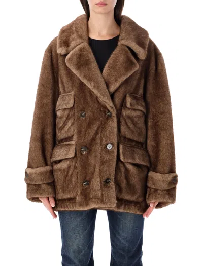 Sword 6.6.44 Sword Faux Fur Double-breasted Coat In Brown