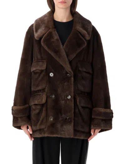 Sword 6.6.44 Sword Faux Fur Double-breasted Coat In Ganache Brown