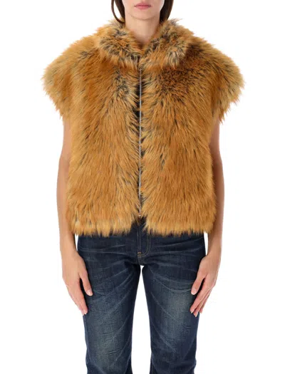 Sword 6.6.44 Sword Faux Fur Zip Front Vest In Brown