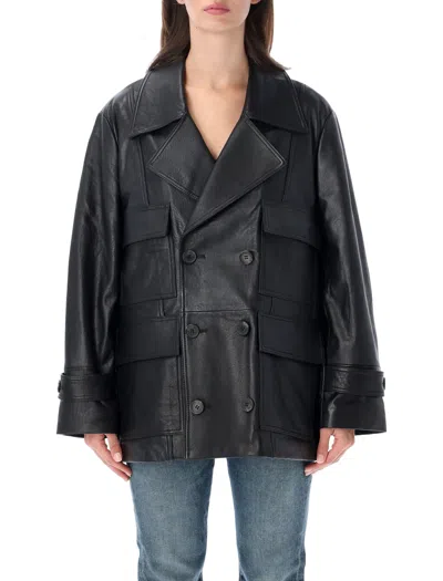 Sword 6.6.44 Sword Oversized Leather Trench Coat In Black
