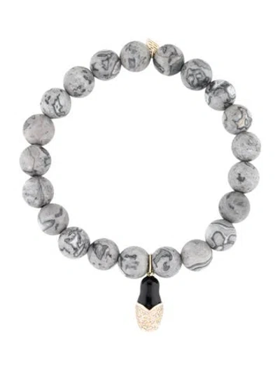 Pre-owned Sydney Evan 14k Agate & Diamond Beaded Shoe Bracelet, 6.5" In Black