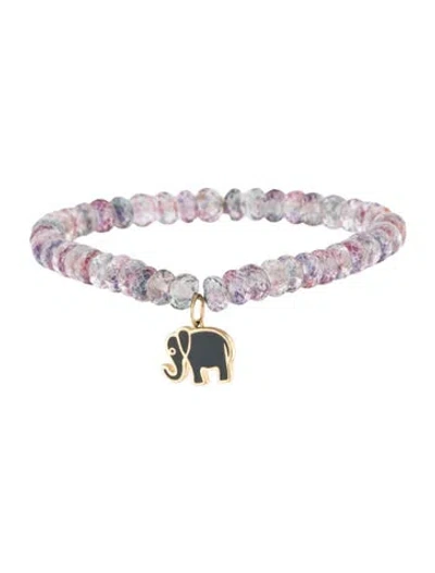 Pre-owned Sydney Evan 14k Amethyst Bead Elephant Enamel Charm Bracelet, 6.25" In Green