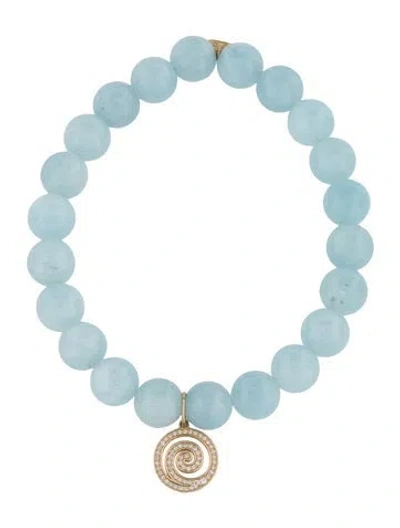 Pre-owned Sydney Evan 14k Aquamarine & Diamond Spiral Charm Bead Bracelet, 6.25" In Clear