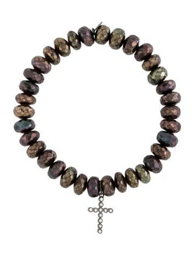 Pre-owned Sydney Evan 14k Coated Hematite & Diamond Cross Stretch Bracelet, 5.25" In Multi