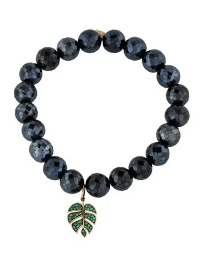 Pre-owned Sydney Evan 14k Coated Spinel & Emerald Monstera Leaf Charm Bead Bracelet, 6.5" In Multi