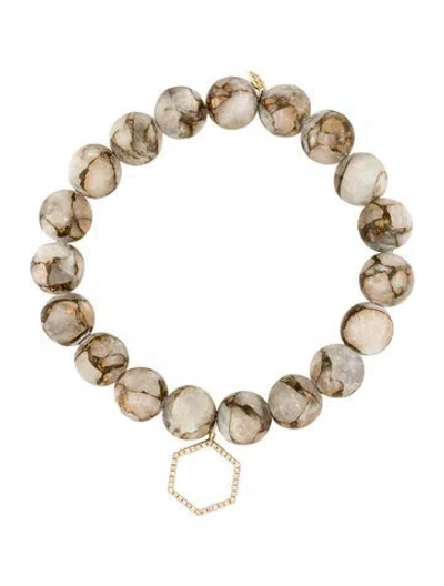 Pre-owned Sydney Evan 14k Composite Calcite & Diamond Hexagon Charm Bead Bracelet, 6.25" In Multi