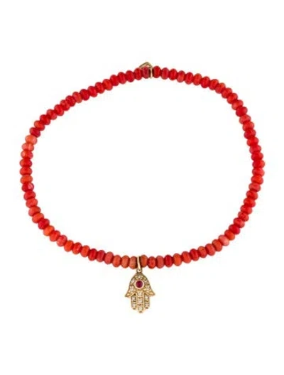 Pre-owned Sydney Evan 14k Coral, Ruby & Diamond Hamsa Charm Bracelet, 6", 6" In Multi