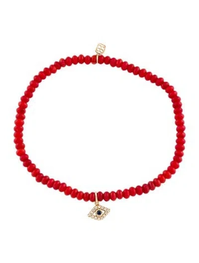 Pre-owned Sydney Evan 14k Coral, Sapphire & Diamond Bead Bracelet, 5.75" In Clear/red