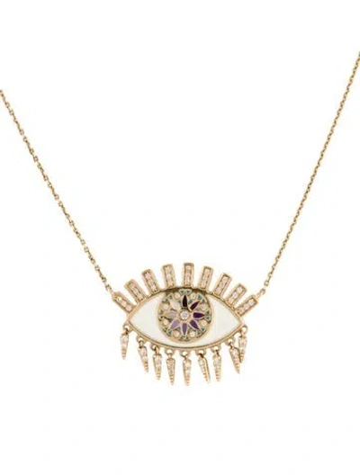 Pre-owned Sydney Evan 14k Daimond & Enamel Kaleidoscope Eye Pendant Necklace, 16" In Black/blue/purple