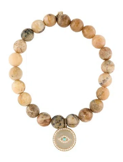 Pre-owned Sydney Evan 14k Dendritic Opal, Turquoise & Diamond Evil Eye Charm Bead Bracelet, 6" In Neutral