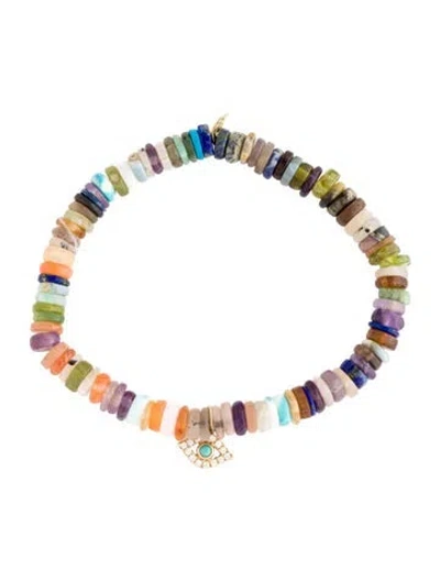 Pre-owned Sydney Evan 14k Diamond & Multi-stone Evil Eye Charm Bead Bracelet, 6" In Multicolor