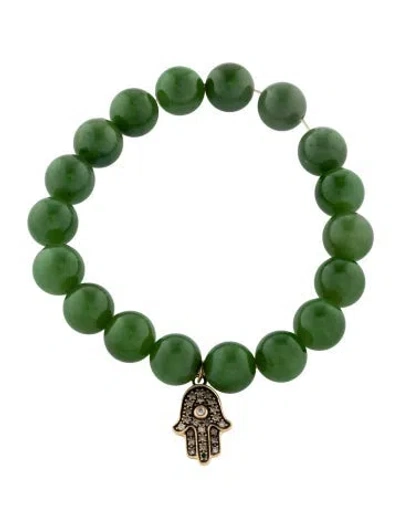Pre-owned Sydney Evan 14k Diamond & Nephrite Bead Hamsa Charm Bracelet, 6.5" In Multi