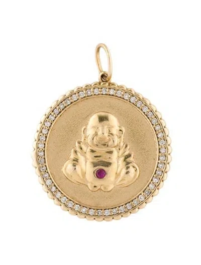 Pre-owned Sydney Evan 14k Diamond & Ruby Buddha Coin Pendant, 0.75" In Multi