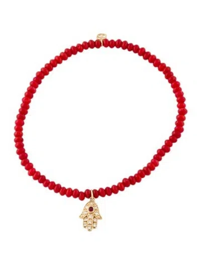 Pre-owned Sydney Evan 14k Diamond And Ruby Small Hamsa On Red Sea Bamboo Bracelet, 6.25" In Multicolor