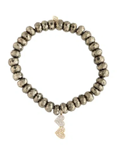 Pre-owned Sydney Evan 14k Diamond Double Heart Charm With Pyrite Beaded Bracelet, 6.25" In Multicolor